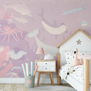 Children&#39;s Pink Underwater Sea Life Submerged Fantasia Wallpaper Mural - Removable Self-adhesive Wallpaper - Peel and Stick