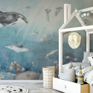 Watercolour Underwater Fun Animals and Fish Children's Wallpaper Mural - Removable Self-adhesive Wallpaper - Peel and Stick