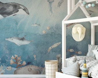 Watercolour Underwater Fun Animals and Fish Children's Wallpaper Mural - Removable Self-adhesive Wallpaper - Peel and Stick