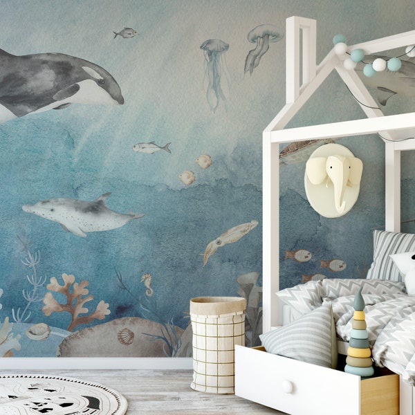 Watercolour Underwater Fun Animals and Fish Children's Wallpaper Mural - Removable Self-adhesive Wallpaper - Peel and Stick