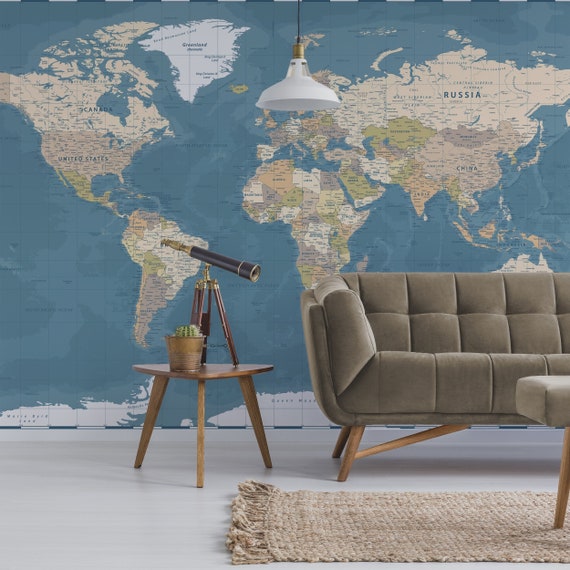 World Map Wallpaper Mural removable wallpaper map Etsy