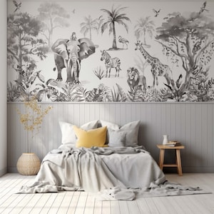 Monochrome Watercolor Jungle Safari Animal Sango Mono Wallpaper Mural - Removable Self-adhesive Wallpaper - Peel and Stick