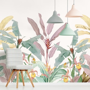 Pink, Green and Green Vintage Tropical Pastel Paradise Wall Mural - Removable Self-adhesive Wallpaper - Peel and Stick