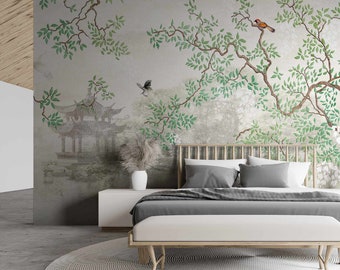 Trees & Birds on a Lake Derous Wallpaper Mural - Removable Self-adhesive Wallpaper - Peel and Stick