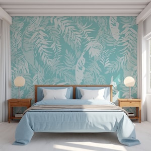 Turquoise & White Aqua Breeze Botanicals Leaf Illustrations Wallpaper Mural - Removable Self-adhesive Wallpaper - Peel and Stick