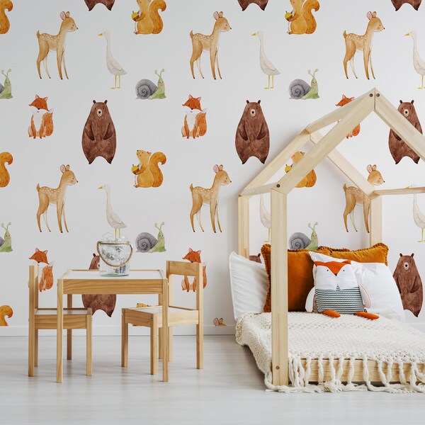 Children's Watercolour Bear Wallpaper Mural - Removable Self-adhesive Wallpaper - Peel and Stick