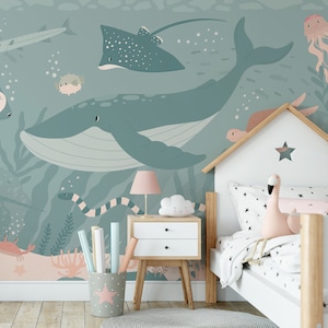 Children&#39;s Blush Green Underwater Sea Life Submerged Fantasia Wallpaper Mural - Removable Self-adhesive Wallpaper - Peel and Stick