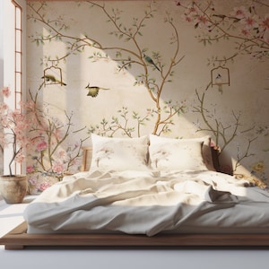 Tapete „Chinoiserie“ mit Zweigen, Vögeln und Blumen in Gold und Rosa, Chinoiserie-Gold, entfernbare selbstklebende Tapete, abziehen und aufkleben