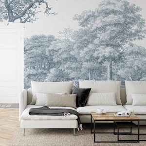 English Etched Blue Countryside Waterloo Woods Blue Wallpaper Mural - Removable Self-adhesive Wallpaper - Peel and Stick