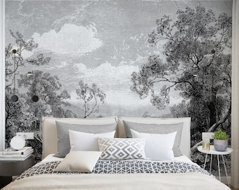 Vintage River and Tree Scene Etching Tanetrict Wallpaper Mural - Removable Self-adhesive Wallpaper - Peel and Stick
