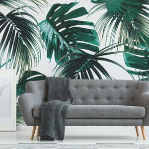 Green & White Large Tropical Leaves Copacabana Wallpaper Mural - Removable Self-adhesive Wallpaper - Peel and Stick