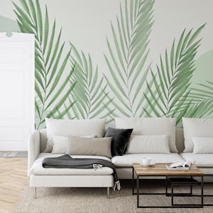 Watercolour Green Minimalistic Leaves Raffia Green Wallpaper Mural - Removable Self-adhesive Wallpaper - Peel and Stick