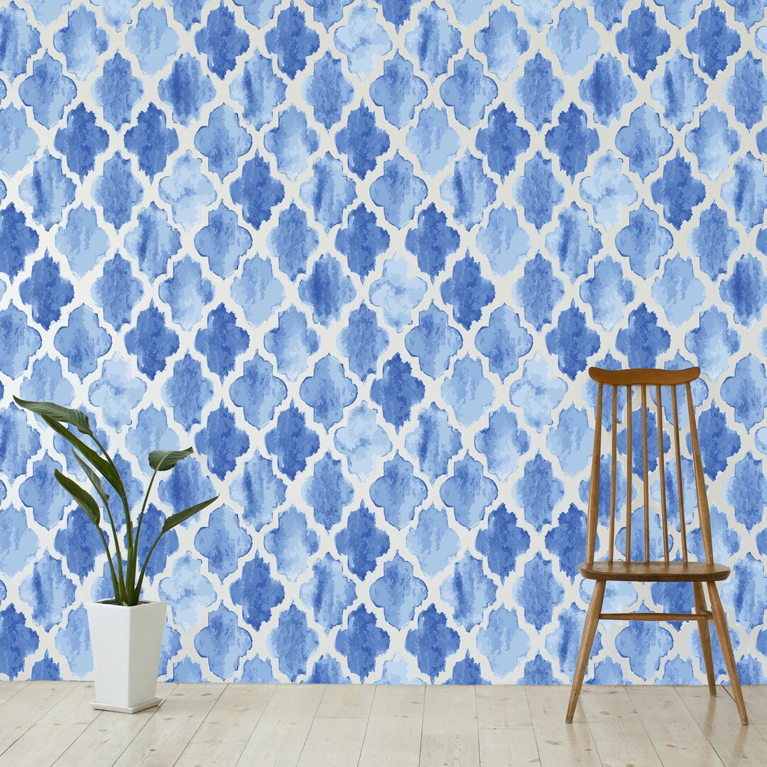Rustic Blue Arabesque Tile Pattern Bluebell Wallpaper Mural Removable