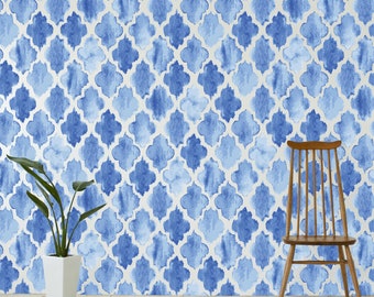 Rustic Blue Arabesque Tile Pattern Bluebell Wallpaper Mural - Removable Self-adhesive Wallpaper - Peel and Stick