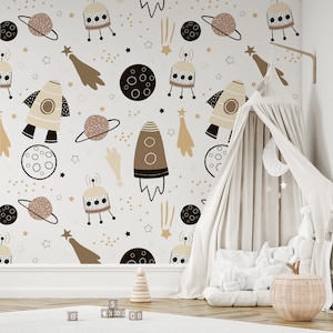 Neutral Beige Children&#39;s Space Leo Neutral Wallpaper Mural - Removable Self-adhesive Wallpaper
