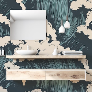 Blue and Turquoise Nautical Wave Illustration Felix Wave Wallpaper Mural - Removable Self-adhesive Wallpaper - Peel and Stick