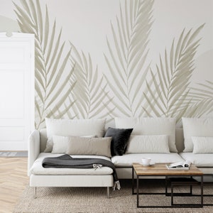 Watercolour Greige Minimalistic Leaves Raffia Greige Wallpaper Mural - Removable Self-adhesive Wallpaper - Peel and Stick
