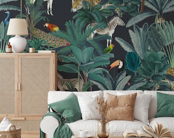 Children's Exotic Animal Jungle Paradise Garden Grey Speckled Wallpaper Mural - Removable Self-adhesive Wallpaper - Peel and Stick