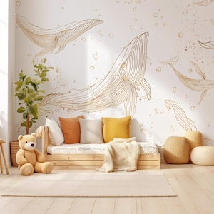 Children's Golden Ocean Whales Whale Drift Wallpaper Mural - Removable Self-adhesive Wallpaper - Peel and Stick