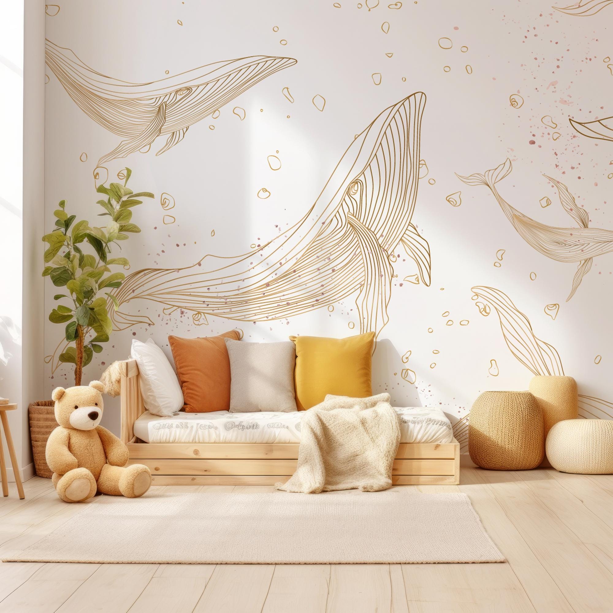 Children's Golden Ocean Whales Whale Drift Wallpaper Mural - Removable Self-adhesive Wallpaper - Peel and Stick