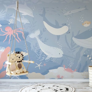 Children's Blue Underwater Sea Life Submerged Fantasia Wallpaper Mural - Removable Self-adhesive Wallpaper - Peel and Stick