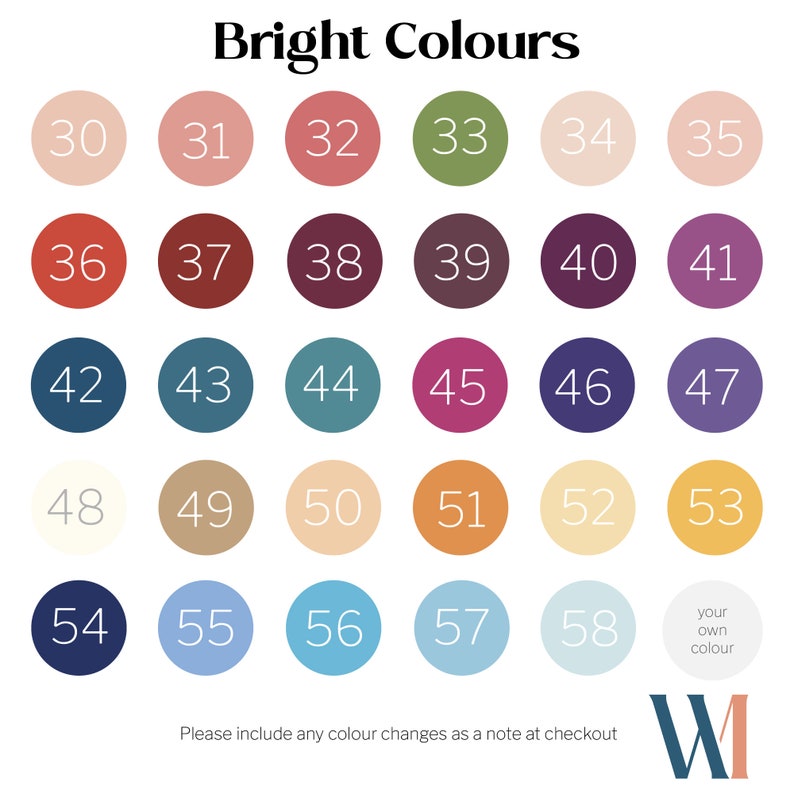 May include: A chart of 58 different color swatches, numbered 30 through 58. The chart is titled "Bright Colours".