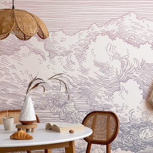 Blue & Pink Gradient Clouds Etched Line Drawing Art Wallpaper Mural - Abut Dreamy - Removable Self-adhesive Wallpaper - Peel and Stick