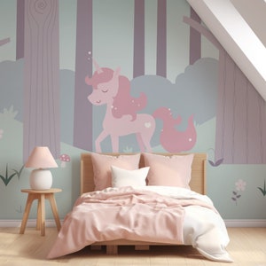 Pink Unicorn In Mystical Forest Magic Woodland Wallpaper Mural - Removable Self-adhesive Wallpaper - Peel and Stick