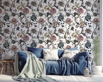 Elegant Blue & Pink Chinoiserie Floral Aphrodite Violet Wallpaper Mural - Removable Self-adhesive Wallpaper - Peel and Stick