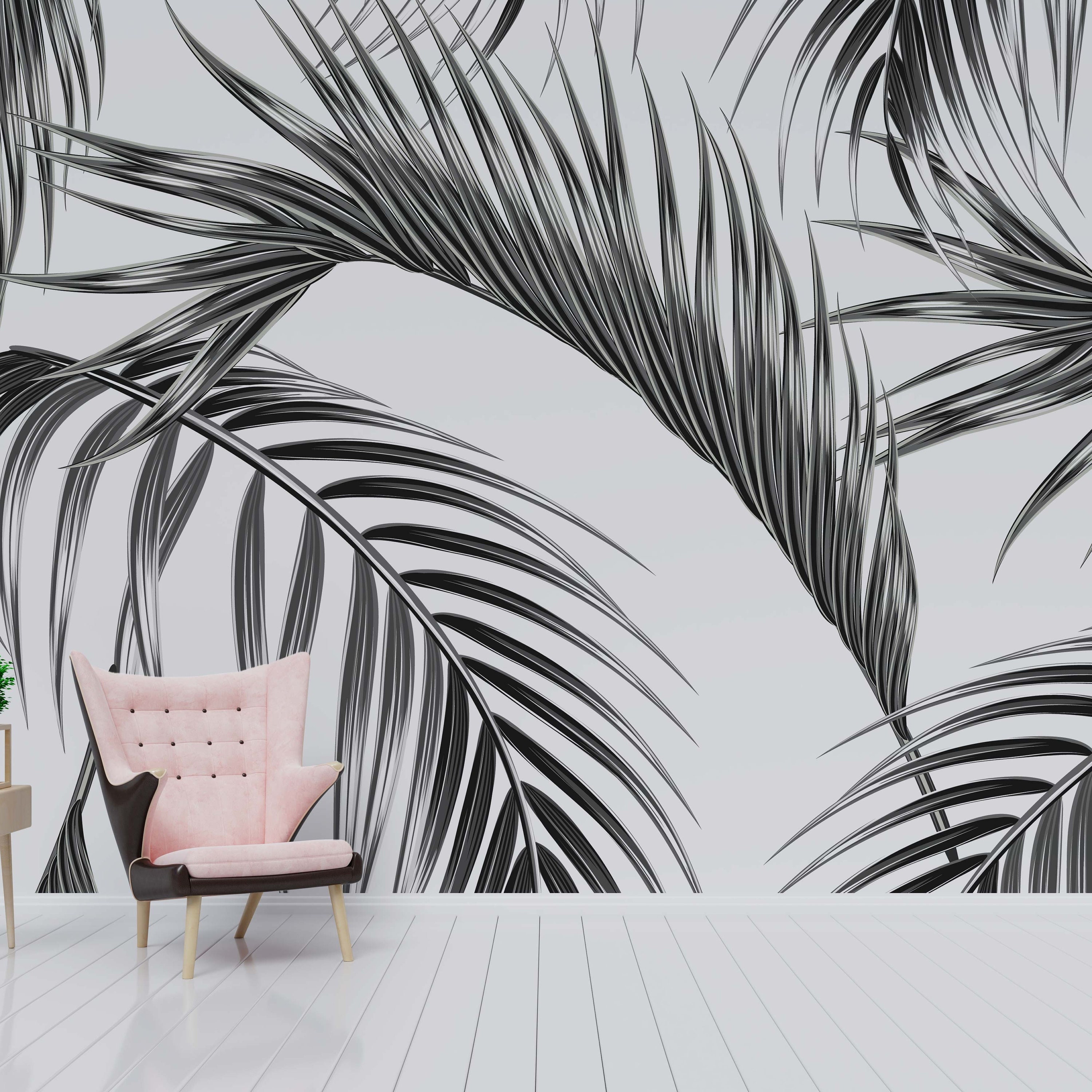 Black and White Palm Leaf Wallpaper Mural – Tropical Scandinavian Peel ...