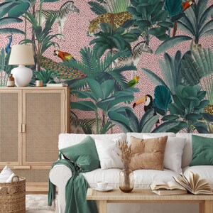 Children's Exotic Animal Jungle Paradise Garden Pink Speckled Wallpaper Mural - Removable Self-adhesive Wallpaper - Peel and Stick