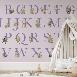 Lilac Alphabet Letters & Etched Animals Alphabet Wallpaper Mural - Removable Self-adhesive Wallpaper - Peel and Stick