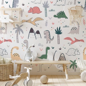 May include: A white wall mural with a repeating pattern of dinosaurs, palm trees, and mountains. The dinosaurs are drawn in a cartoon style and are in various colors, including green, pink, orange, and brown.