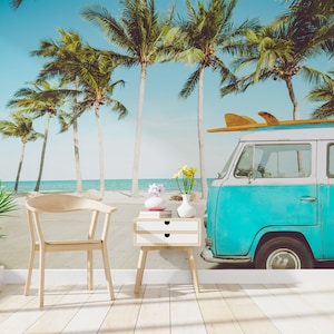 Classic Surf Campervan Beach Trelha Wallpaper Mural - Removable Self-adhesive Wallpaper - Peel and Stick