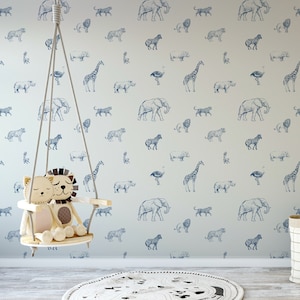 Blue & Cream Sketched Safari Sketchbook Bluu Animals Wallpaper - Removable Self-adhesive Wallpaper - Peel and Stick