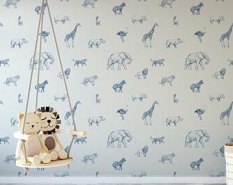 Blue & Cream Sketched Safari Sketchbook Nyeusi Animals Wallpaper - Removable Self-adhesive Wallpaper - Peel and Stick