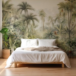 Watercolour Jungle Trees Tranquil Treescape Wallpaper Mural - Removable Self-adhesive Wallpaper - Peel and Stick