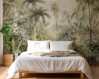 Watercolour Jungle Trees Tranquil Treescape Wallpaper Mural - Removable Self-adhesive Wallpaper - Peel and Stick