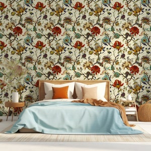 Elegant Red & Yellow Chinoiserie Floral Aphrodite Fire Wallpaper Mural - Removable Self-adhesive Wallpaper - Peel and Stick