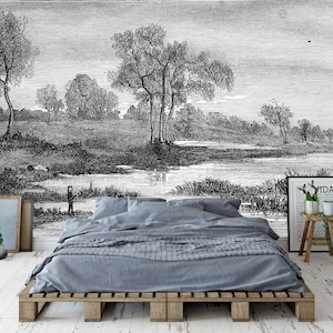 Vintage River Scene Etching Angus Wallpaper Mural - Removable Self-adhesive Wallpaper - Peel and Stick