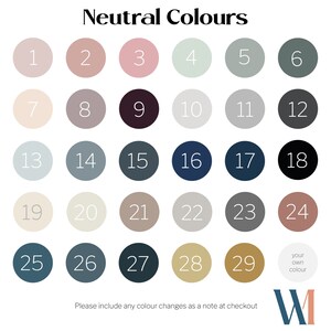 May include: A chart of 29 neutral color swatches, numbered 1 through 29. The swatches are arranged in a grid of five columns and six rows. The last swatch is labeled "your own color".