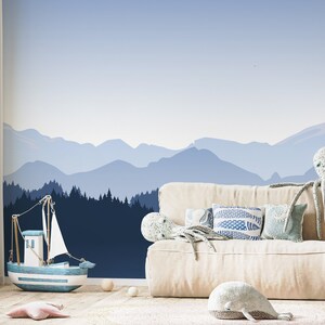 Blue Mountain View Illustration Grapeted Wallpaper Mural - Removable Self-adhesive Wallpaper - Peel and Stick
