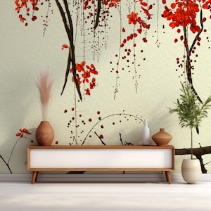 Watercolour Red Blossom Japandi Crimson Blossom Wallpaper Mural - Removable Self-adhesive Wallpaper - Peel and Stick