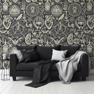Black Gothic Witchcraft Illustrations Mystic Grimoire Noir Wallpaper Mural - Removable Self-adhesive Wallpaper - Peel and Stick