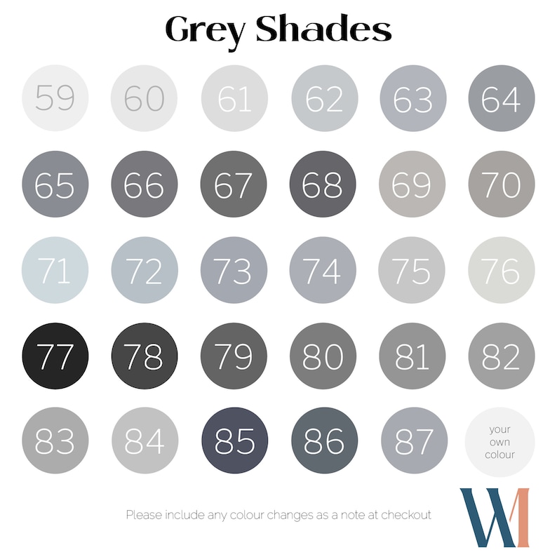 May include: A chart of 20 different shades of gray, numbered 59 through 87. The chart is titled "Grey Shades".