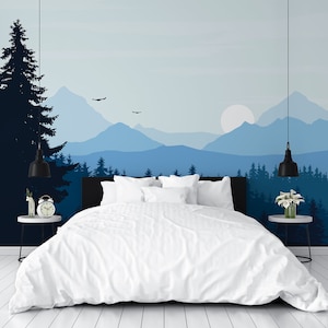 Blue Woodland and Distant Mountains Brairy Wallpaper Mural - Removable Self-adhesive Wallpaper - Peel and Stick