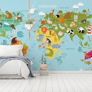 Children's World Map Recilly Wallpaper Mural - Removable Self-adhesive Wallpaper - Peel and Stick