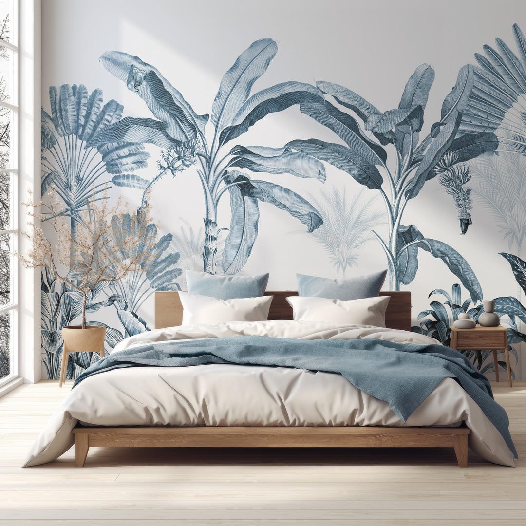 Vintage Blue Jungle Dominica Wallpaper Mural Removable Self-adhesive