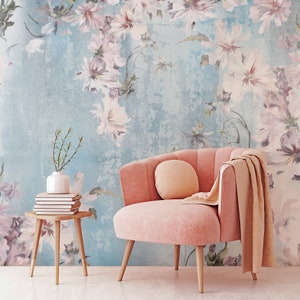 Blue and Pink Watercolour Flowers Skye Wallpaper Mural - Removable Self-adhesive Wallpaper - Peel and Stick