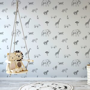 Black & White Sketched Safari Sketchbook Nyeusi Animals Wallpaper - Removable Self-adhesive Wallpaper - Peel and Stick